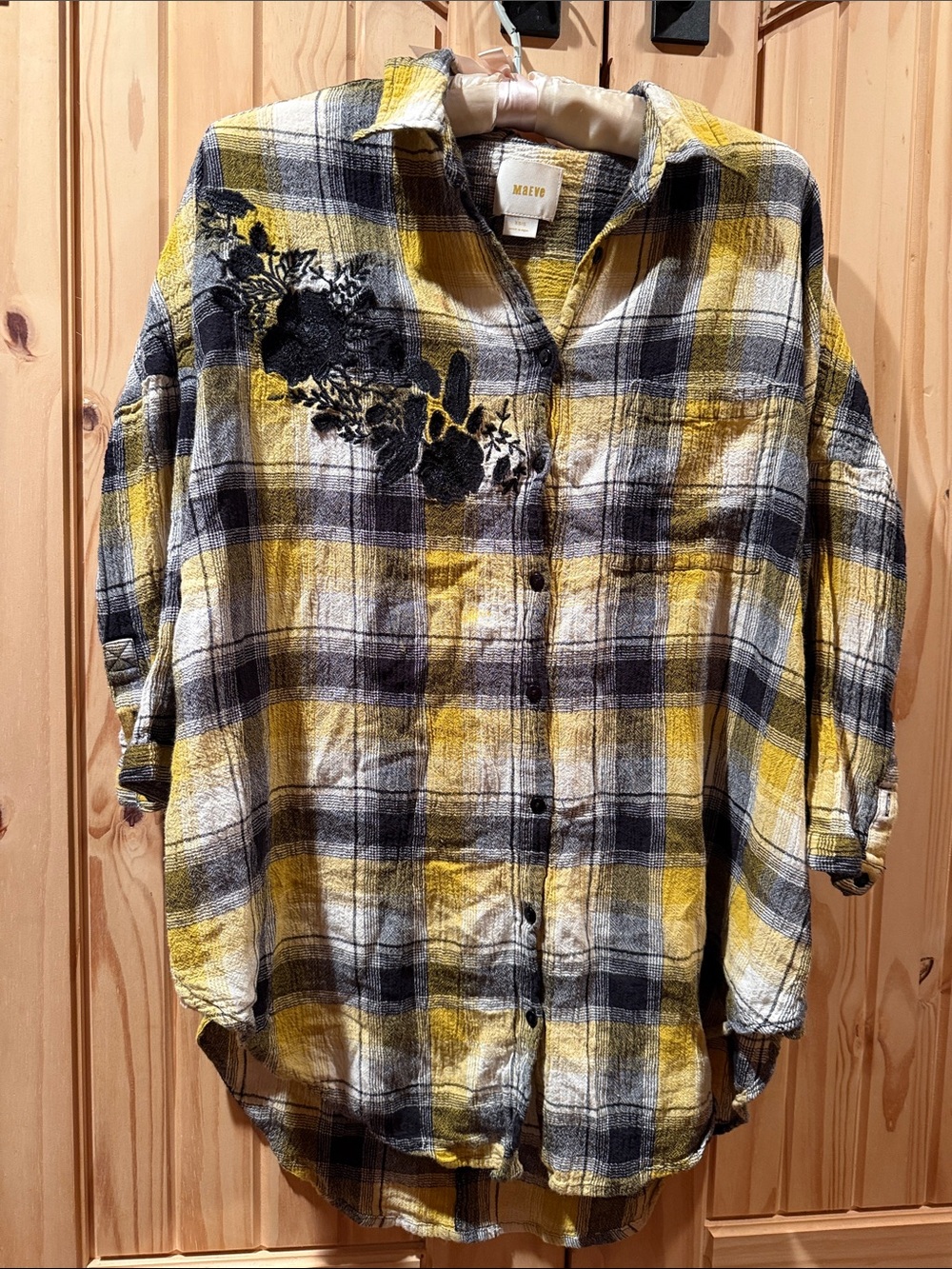 Maeve Yellow and Black Plaid Shirt with Embroidered Floral Detail